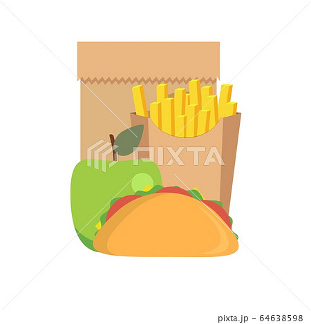 Lunch icons , such as french fries, sandwich and apple 64638598