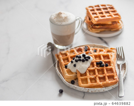 Breakfast belgian waffles, cappuccino. Copy space Breakfast belgian waffles, cappuccino. Copy space 64639882
