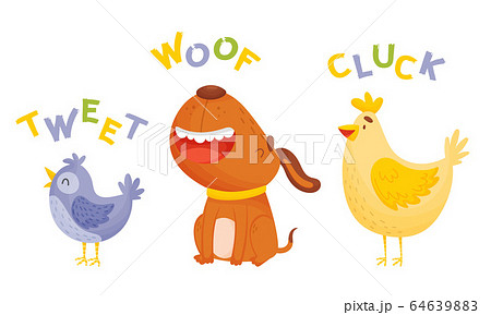 Cute Cartoon Animals Making Sounds Vector Illustrations Set 64639883