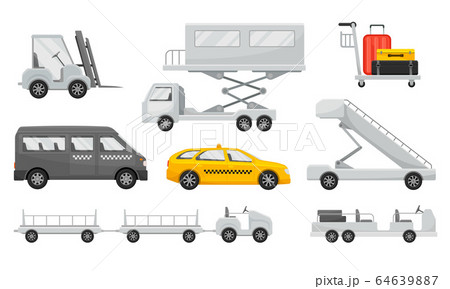 Airport Transportation and Vehicles with Apron Bus and Catering Vehicle Vector Set Airport Transportation and Vehicles with Apron Bus and Catering Vehicle Vector Set 64639887