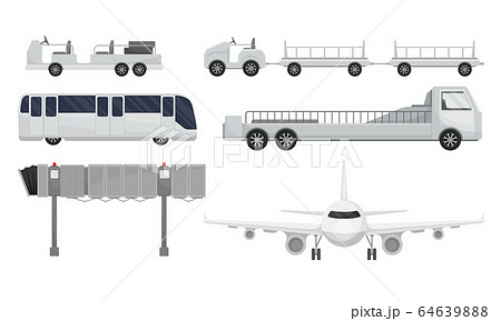 Airport Transportation and Vehicles with Airliner and Apron Bus Vector Set 64639888