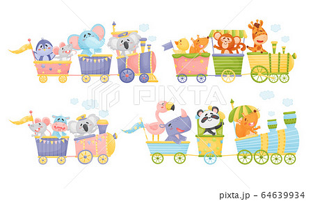Funny Animals Riding Locomotive and Waving Paws Vector Set Funny Animals Riding Locomotive and Waving Paws Vector Set 64639934