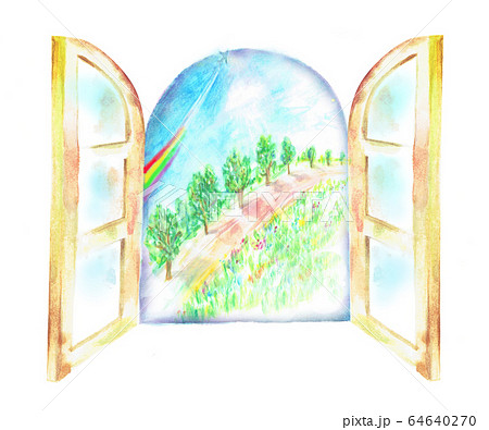並木道が見える窓 虹色の飛行機雲のイラスト素材