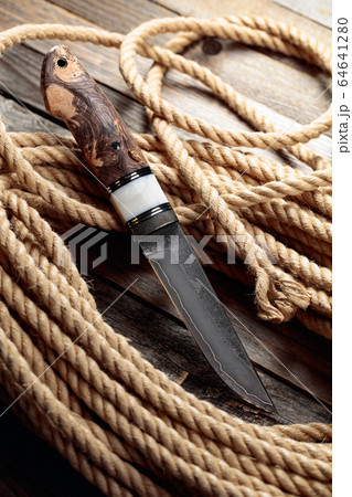 Hunter combat hand made knife and hemp rope. 64641280