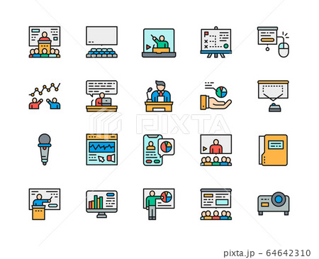 Set of Presentation Flat Color Line Icons. Hall, Microphone, Seminar and more. 64642310