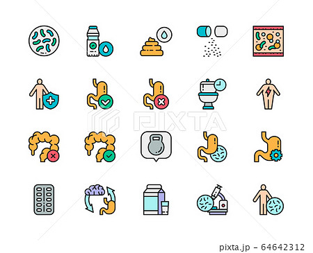 Set of Probiotic Color Line Icons. Lactobacilli, Intestines, Vitamins and more. 64642312