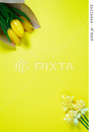 Monochrome stylish composition in yellow color. Top view, flat lay. 64642348
