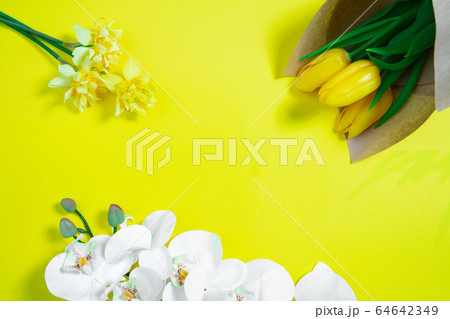 Monochrome stylish composition in yellow color. Top view, flat lay. Monochrome stylish composition in yellow color. Top view, flat lay. 64642349