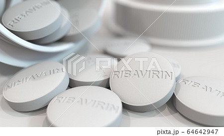 Ribavirin generic drug pills as a potential COVID-19 coronavirus disease medication, macro 3D rendering 64642947