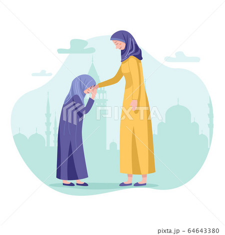 Daughter and mother asking forgiveness during Hari Raya Aidilfitri Celebration 64643380