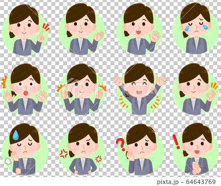 Ol 女性 表情セット 丸アイコン イラストのイラスト素材