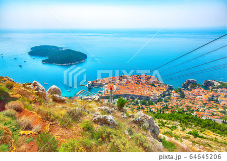 Aerial panoramic view of the old town of Dubrovnik Aerial panoramic view of the old town of Dubrovnik 64645206
