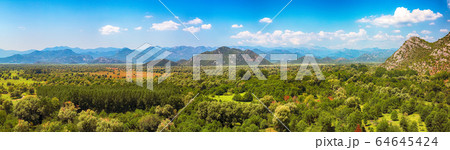 Aerial sunny morning view of valley of Moraca Aerial sunny morning view of valley of Moraca 64645424