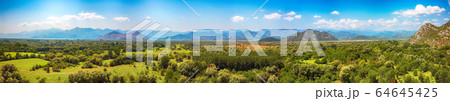 Aerial sunny morning view of valley of Moraca Aerial sunny morning view of valley of Moraca 64645425