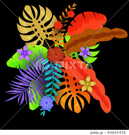 Summer trendy tropical leaves exotical plants palm jungle leaf. Trending colors on dark background template banner. Vector illustration isolated 64645456