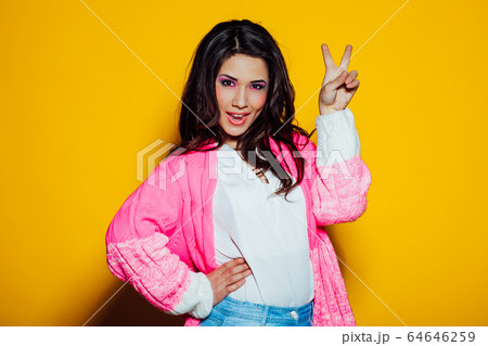 girl model shows symbols with their hands 64646259