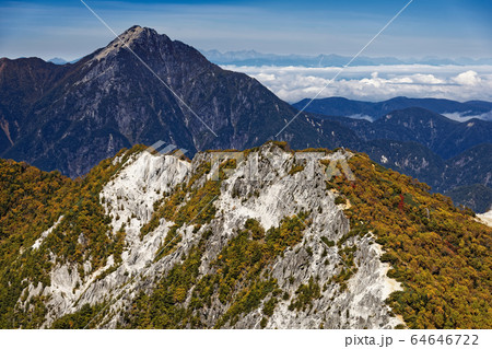 鳳凰三山・観音岳から見る甲斐駒ヶ岳・北アルプスと紅葉の稜線 64646722