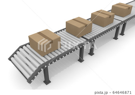 工場から荷物を出荷する ベルトコンベアの上を流れる 3dレンダリングのイラスト素材
