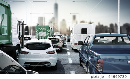 Cars on highway in traffic jam 3d render sity 64649729