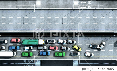 Cars on highway in traffic jam 3d render from top 64649865