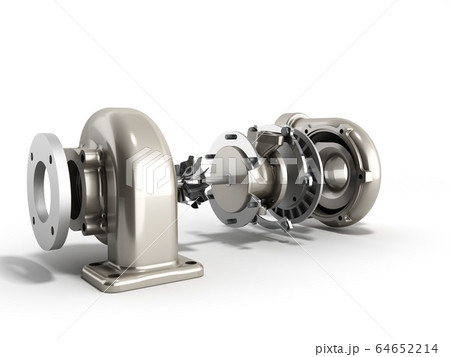 Automotive turbocharger turbine 3d render on white Automotive turbocharger turbine 3d render on white 64652214