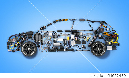 car silhouette made of details 3d render on blue 64652470