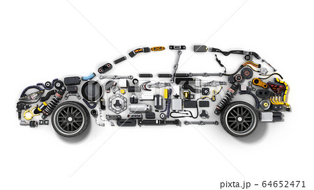 car silhouette made of details 3d render on white 64652471