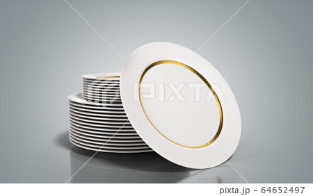a stack of white plates with a gold strip 3d 64652497