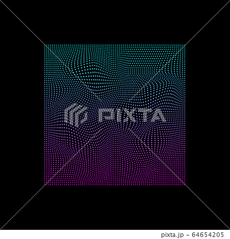 Glitched square of small dots in neon vivid colors on black background 64654205
