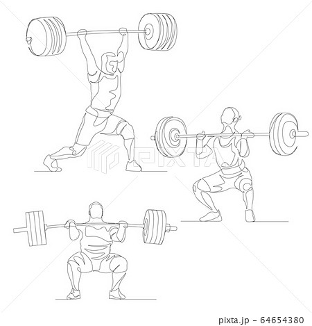 Continuous one line weightlifter set. Summer Olympic Games. Vector 64654380