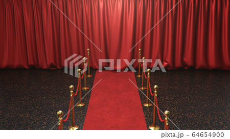 Awards show background with closed red curtains. Red velvet carpet between golden barriers connected by a red rope. Curtains theater stage, 3d Rendering Awards show background with closed red curtains. Red velvet carpet between golden barriers connected by a red rope. Curtains theater stage, 3d Rendering 64654900