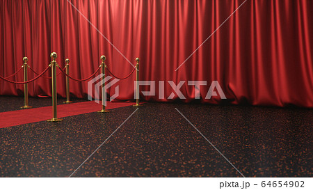 Awards show background with closed red curtains. Red velvet carpet between golden barriers connected by a red rope. Curtains theater stage, 3d Rendering 64654902