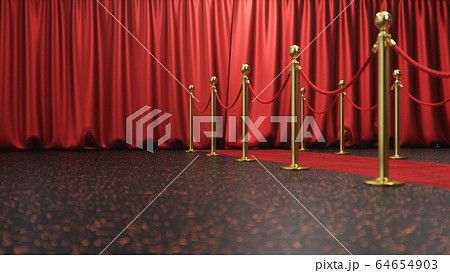 Awards show background with closed red curtains. Red velvet carpet between golden barriers connected by a red rope. Curtains theater stage, 3d Rendering 64654903