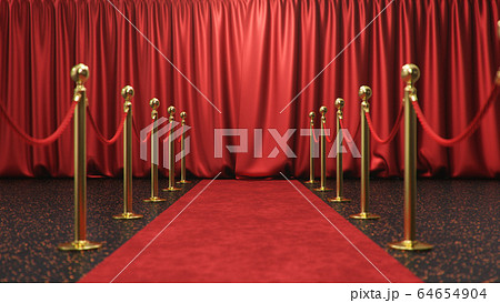 Awards show background with closed red curtains. Red velvet carpet between golden barriers connected by a red rope. Curtains theater stage, 3d Rendering 64654904