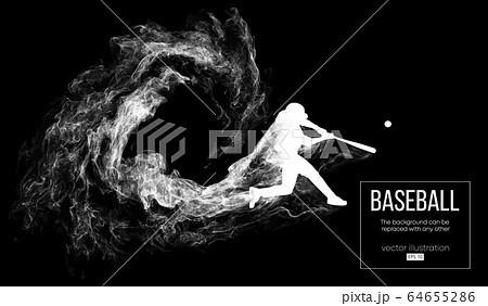 Abstract silhouette of a baseball player batter on dart black background from particles, dust, smoke. Baseball player batter hits the ball . Background can be changed to any other. Vector illustration 64655286