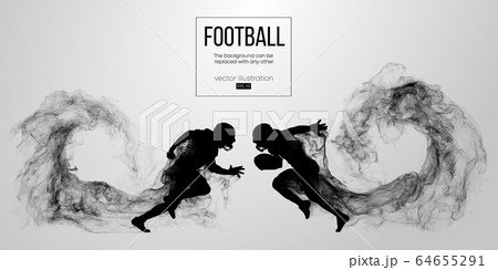 Abstract silhouette of a american football player on white background from particles, dust, smoke, steam. Football player running with ball. Rugby. Background can be changed to any other. Vector 64655291