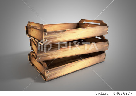 Empty wooden fruit crate 3d render on grey 64656377