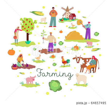 Farming poster with cartoon farm animals and farmer people working Farming poster with cartoon farm animals and farmer people working 64657495