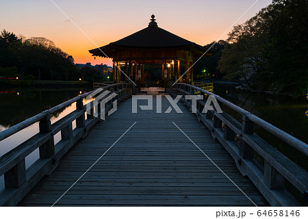 浮見堂と鷺池 夕焼け風景 （奈良県奈良市 奈良公園） 64658146