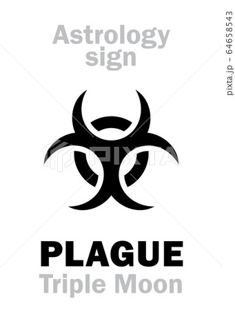 Astrology Alphabet: PLAGUE (Latin: PLAGA / PESTIS), Black Triple Moon, Three-horned Moon -- hieroglyphic character, sign of pestilence, pandemic symbol (modern biohazard emblem). 64658543
