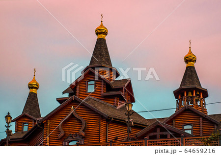 wooden architecture roof of a modern Orthodox Christian church 64659216