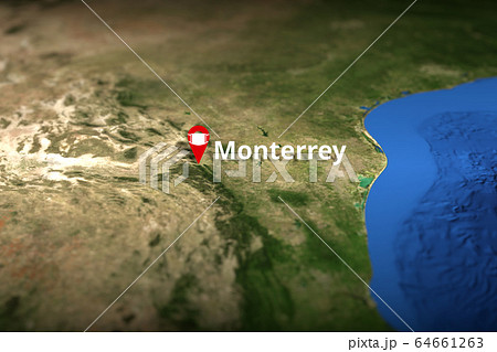 Monterrey, Mexico city geotag with face mask, COVID-19 coronavirus disease quarantine related 3D rendering 64661263