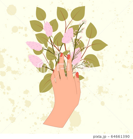 Hand With Leaf Branch Lilac Flower And Pink のイラスト素材