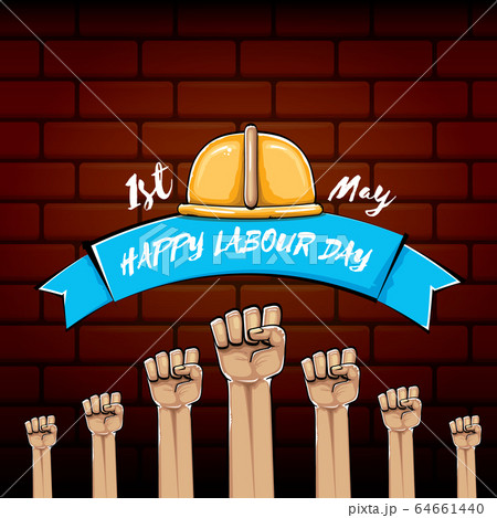 Happy labour day vector label with strong orange fist isolated on brick wall background. vector happy labor day background with man hand. red workers may day poster Happy labour day vector label with strong orange fist isolated on brick wall background. vector happy labor day background with man hand. red workers may day poster 64661440