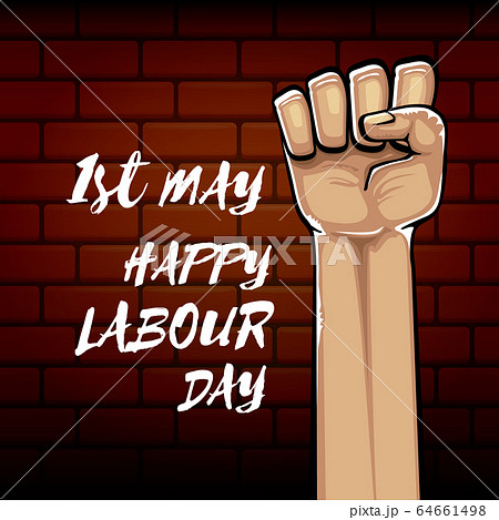 Happy labour day vector label with strong orange fist isolated on brick wall background. vector happy labor day background with man hand. red workers may day poster Happy labour day vector label with strong orange fist isolated on brick wall background. vector happy labor day background with man hand. red workers may day poster 64661498