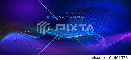 Illustration Abstract glowing, neon light effect, wave line, wavy pattern. Vector design communication techno on blue background. Futuristic digital technology for web or banner background 64661578