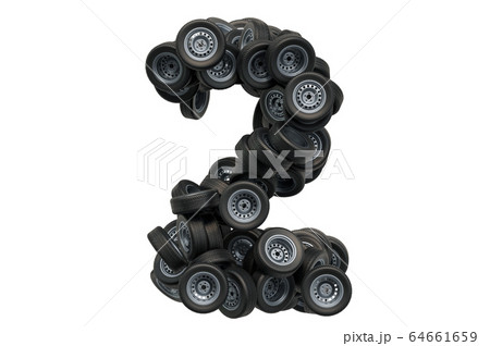 Number 2 from car wheels, 3D rendering Number 2 from car wheels, 3D rendering 64661659