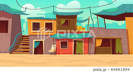Ghetto street with poor dirty houses, shacks Ghetto street with poor dirty houses, shacks 64661994