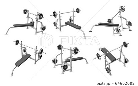 3d rendering of set of weight benches with metal barbell isolated on white background 3d rendering of set of weight benches with metal barbell isolated on white background 64662085