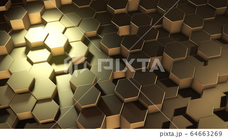 3D rendering of abstract hexagonal geometric golden surfaces in virtual space 3D rendering of abstract hexagonal geometric golden surfaces in virtual space 64663269